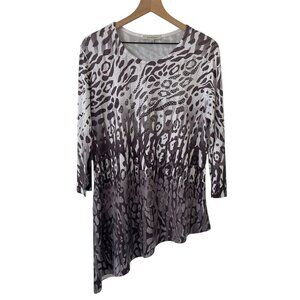 Jess Jane Womens Leopard Print Top M Rhinestone Asymmetric Black White Blouse